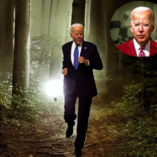 Image similar to Joe Biden with glowing red eyes is in the Baba Yaha house chasing down terrified peasants in a dark and spooky forest