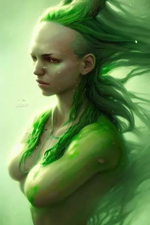 Image similar to character art by bastien lecouffe - deharme, young woman, green hair, green skin, nature powers, 4 k, arstation, trending