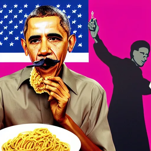 Image similar to Obama with a mustache eating pasta, vaporwave