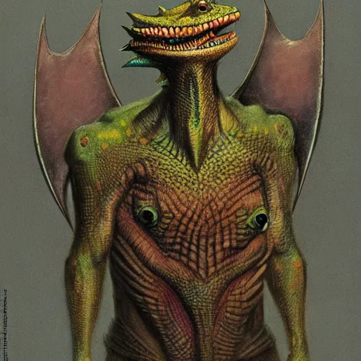 Image similar to tribal lizardman warrior full body concept, lizard head, dragon head, wearing tribal armor, beksinski