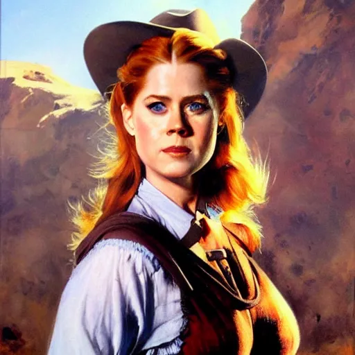 Image similar to ultra realistic portrait painting of amy adams as a western outlaw, art by frank frazetta, 4 k, ultra realistic, highly detailed, epic lighting