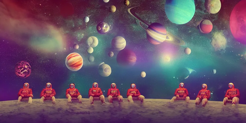 Prompt: twelve cosmonauts sitting by the river with a big holiday cake + octane render + ue 5 + planets and stars + mystical fog + psychedelic colors + trippy colors + super detail, high quality