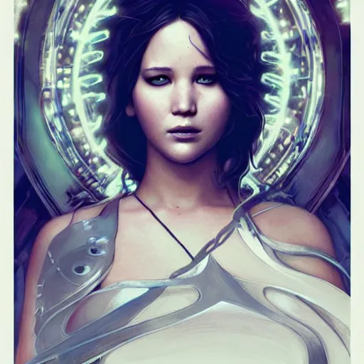 Prompt: beautiful ethereal cyberpunk jennifer lawrence, art nouveau, fantasy, intricate binary and electronic designs, elegant, highly detailed, sharp focus, art by artgerm and greg rutkowski and wlop