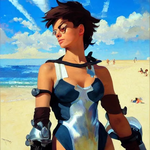 Image similar to greg manchess painting of tracer wearing a knight armor in a beach, medium shot, organic painting, sunny day, bold shapes, hard edges, street art, trending on artstation, by huang guangjian and gil elvgren and sachin teng and artgerm and greg rutkowski and alphonse mucha