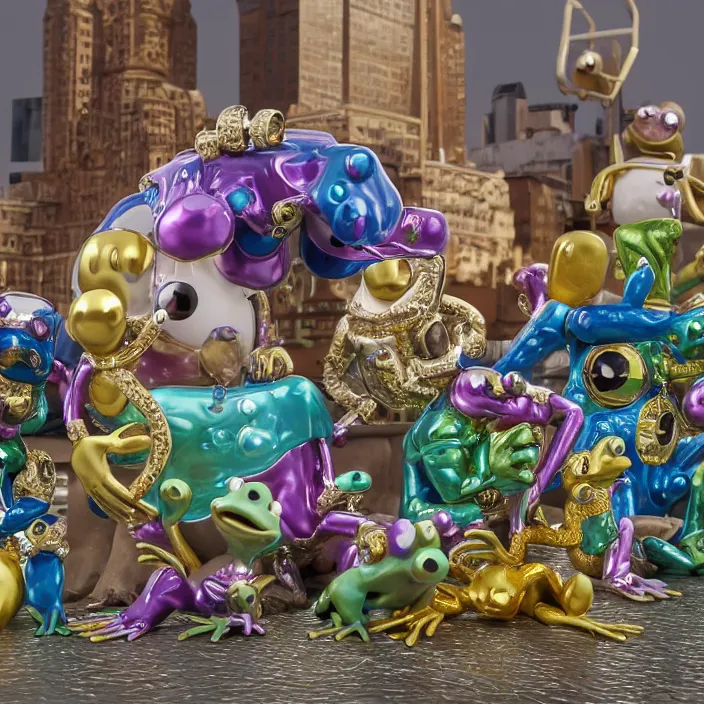 Image similar to jeff koons hip hop bauhaus style street frogs, cute frogs, frogs kissing wearing diamond grillz and a ton of bussdown iced gold bling in wallace & gromit strata - cut claymation, ultra realistic, concept art, intricate details, serious, highly detailed, photorealistic, octane render, 8 k, unreal engine, art by todd mcfarlane