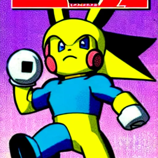 Image similar to nintendo power magazine cover from the 1 9 9 0 s featuring megaman as pikachu