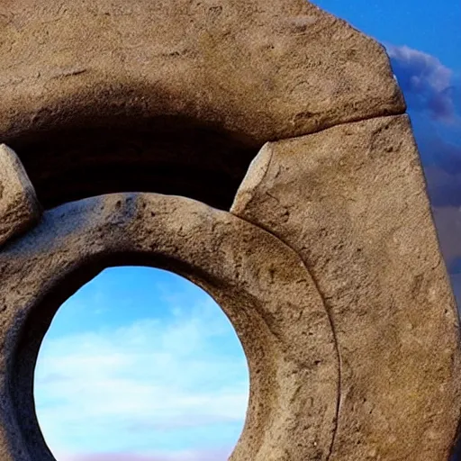 Image similar to stargate made of stone that form a circle, cinematic view, epic sky : : highly detailed