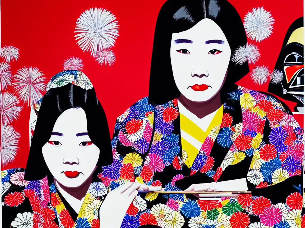 Image similar to hyperrealistic composition of the detailed woman in a japanese kimono sitting at a poker table with detailed darth vader, fireworks, mount fuji on the background, pop - art style, jacky tsai style, andy warhol style, acrylic on canvas