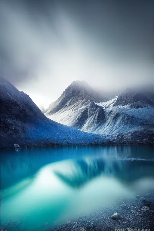 Image similar to a beautiful ethereal mountain scene with a blue lake by daniel kordan, photo realism, dark moody color palate,