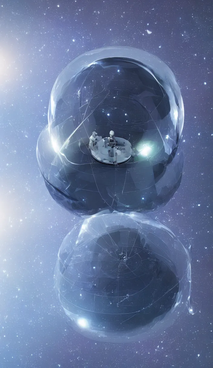 Prompt: an enormous transparent spherical capsule in the middle of outer space, digital art