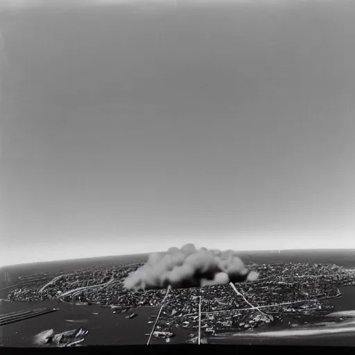 Prompt: a large nuclear crater in manhattan, there is smoking coming from the city, taken from a plane, realistic, taken on a ww 2 camera.