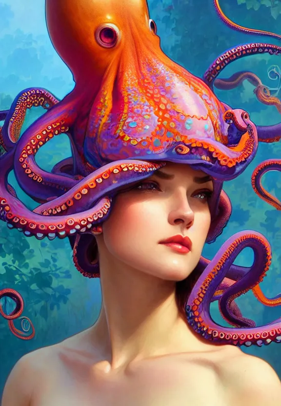 Image similar to close up of a beautiful woman wearing a colourful octopus as a hat, fantasy, intricate, elegant, highly detailed, digital painting, artstation, concept art, smooth, 8 k, sharp focus, illustration, art by artgerm and greg rutkowski and alphonse mucha