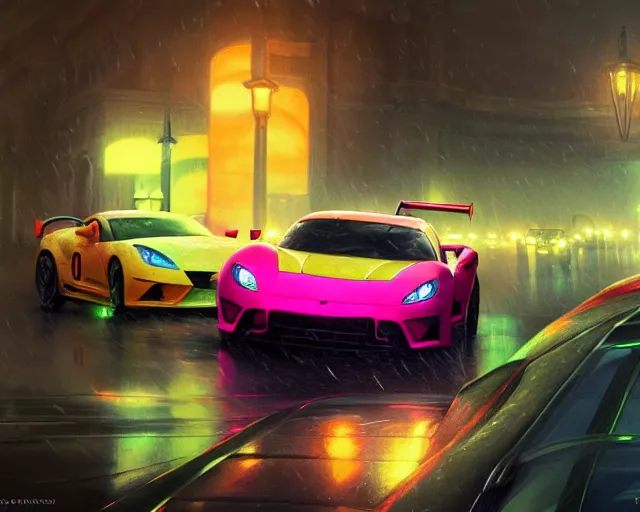 Prompt: sports car race, neon glow, heavy rain, deep focus, d & d, fantasy, intricate, elegant, highly detailed, digital painting, artstation, matte, sharp focus, illustration, hearthstone, art by artgerm and greg rutkowski and alphonse mucha