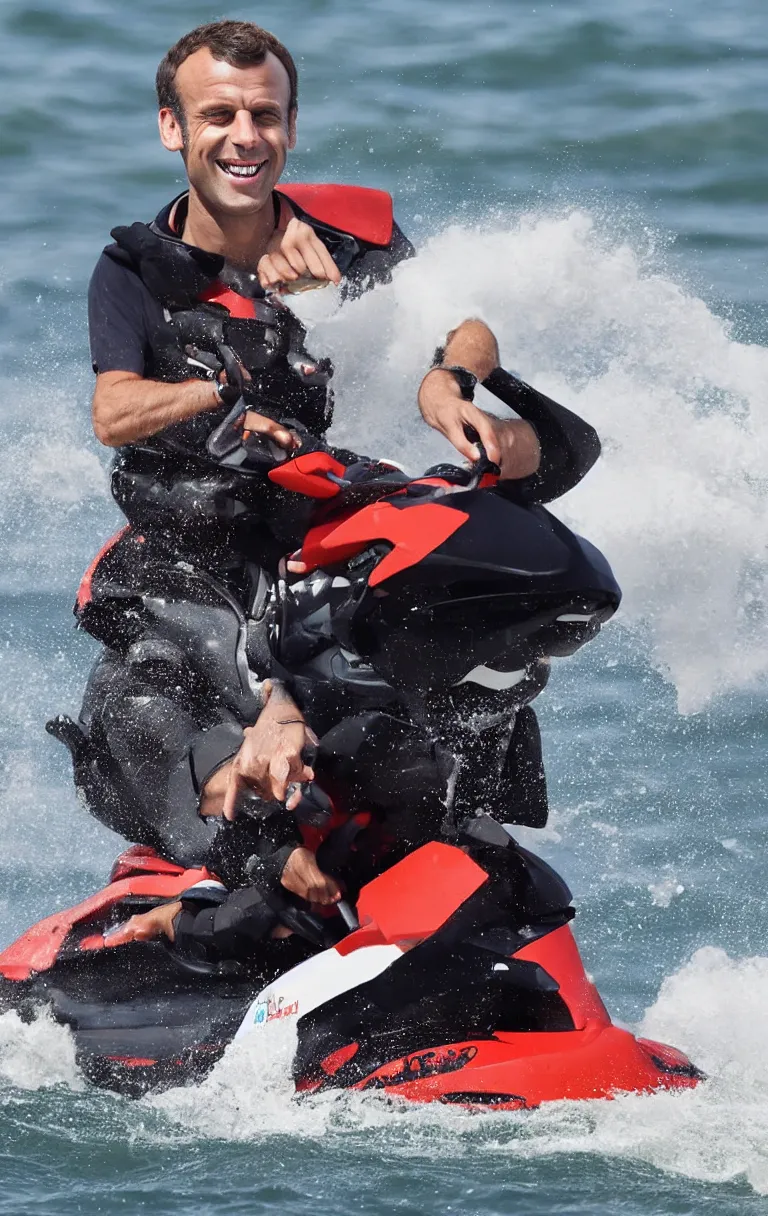 Image similar to portrait of emmanuel macron laughing on a jetski while big fires spread