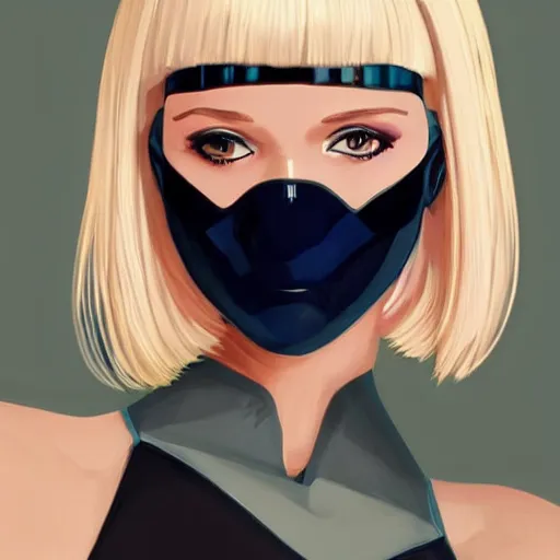Prompt: android robot woman face painting, black facemask, blond bob haircut, beautiful detailed blue eyes, looking straight to camera, muted colors, matte print, pastel colors, ornate, digital art, cute smile, winning artwork, digital painting, professional art, elegant, pixiv, by Ilya Kuvshinov, by artgerm