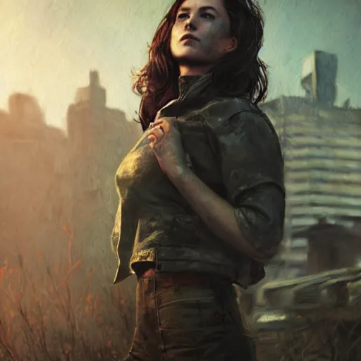 Image similar to fallout 5, charismatic beautiful rugged brunette female protagonist, portrait, outdoors ruined cityscape, atmospheric lighting, painted, intricate, volumetric lighting, beautiful, daytime, sunny weather, slight overcast, sharp focus, deep colours, ultra detailed, by leesha hannigan, ross tran, thierry doizon, kai carpenter, ignacio fernandez rios