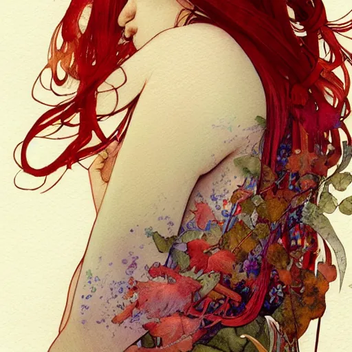Image similar to side view a beautiful and inspiring intricate watercolor illustration artwork red hair italian girl in the forest, feeling the nature, eyes closed, 4 k, ultra - wide angle, by william turner, by victo ngai, by alphonse mucha, by miho hirano, hd, trending on artstation, hyper detailed, muted colors, inspiring, beautiful, energetic