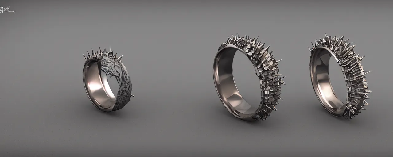Prompt: tungsten ring with spikes, ring, steel, sword, crystals, smooth shank, engravings, product design, jewelry, art by gerald brom, greg rutkowski and artgerm and james jean and zdzisław beksinski, 8 k, unreal engine, c 4 d