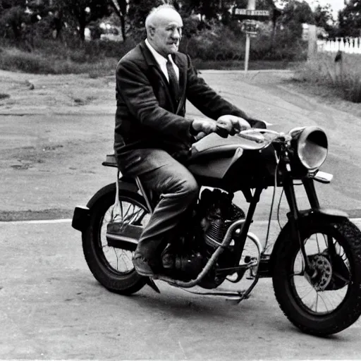 Image similar to gene hackman driving a motorbike