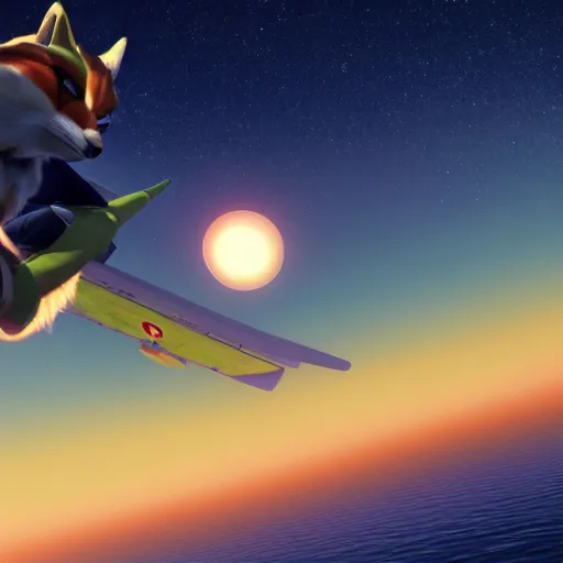 Image similar to high quality photo of star fox looking out at the ocean at sunset realism 8k award winning photo