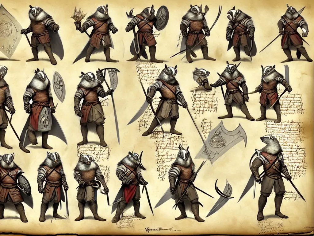 Image similar to character design sheet for a group of heroic badger knights on a parchment background, redwall, greg rutowski and jean baptiste monge, very very detailed, epic fantasy concept art