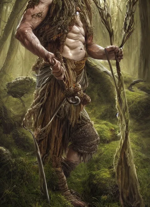 Image similar to a relaxed male middle aged druid in a sleeveless west, short brown hair, stringy, wielding a long staff which is covered in moss, full body, 8 k, hyperrealistic, hyperdetailed, fantasy portrait by laura sava