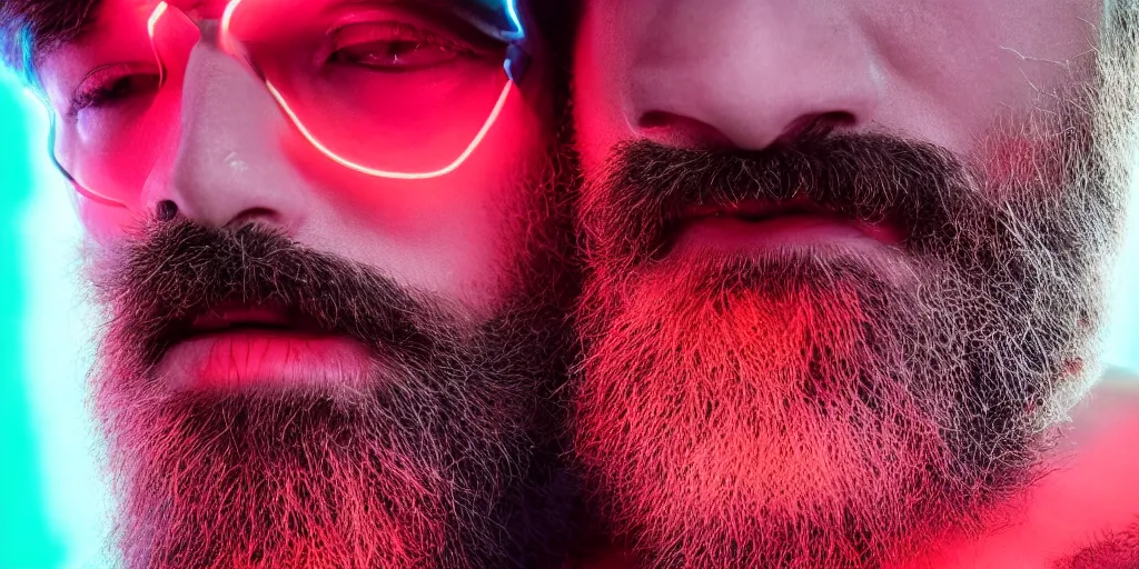 Image similar to an extreme close - up portrait of a neon glowing human beard, photographic filter, unreal engine 5, realistic, hyperdetailed, 8 k, cinematic, volumetric lighting, very realistic effect, hd, hdr, 4 k, sharp focus, octane render, ultra detailed, high resolution, trending on artstation in the style of albert dros glowing rich colors powerful imagery