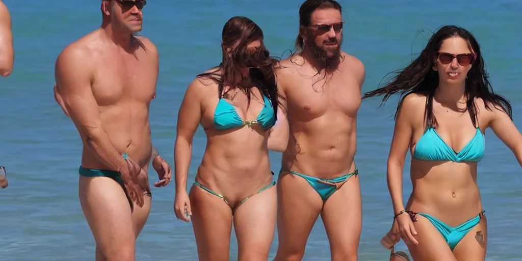 Image similar to photo of a 4 0 year old man that looks young for his age dating a very attractive 2 2 year old woman wearing a bikini. his wife is visibly upset in the background. lol