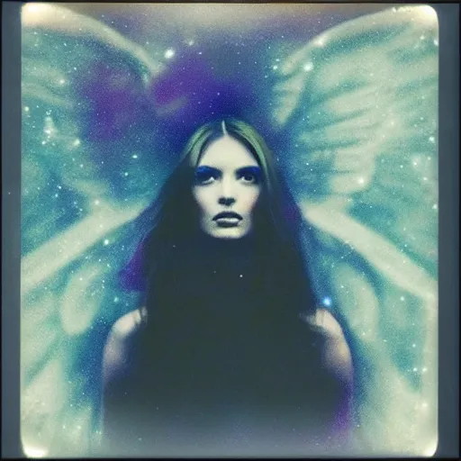 Image similar to a lost female angel glaring into your eyes, deep cosmic eyes, wide long wings made from dark cosmic nebulas, realistic photograph, polaroid pic by horror