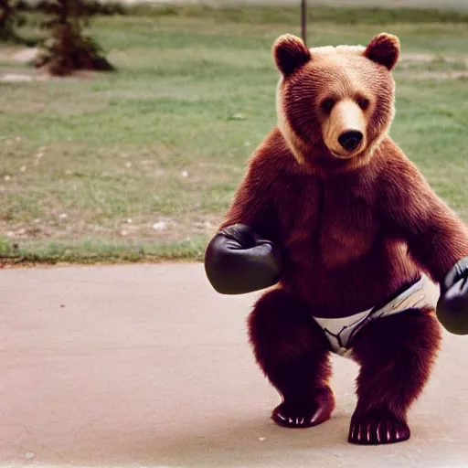 Image similar to a real life photo of a bear wearing boxing gloves, 1 9 9 8 photo, realistic, detailed, old film