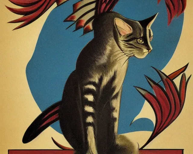 Prompt: vintage art deco animal poster depicting a cat with wings and talons