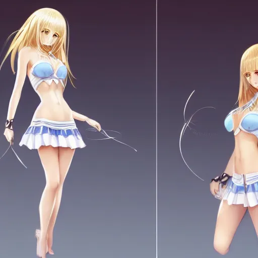 Image similar to full body shot : a very beautiful young blond circus anime girl, sky blue eyes, bikini, white miniskirt, highly detailed, cinematic wallpaper by stanley artgerm lau