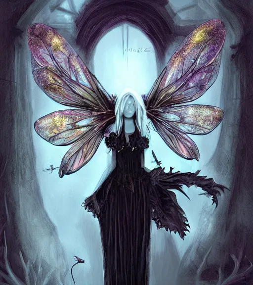 Image similar to gothic fairy with dragonfly wings, digital painting, liminal eerie midnight backlit, a picture taken by Michael Komarck