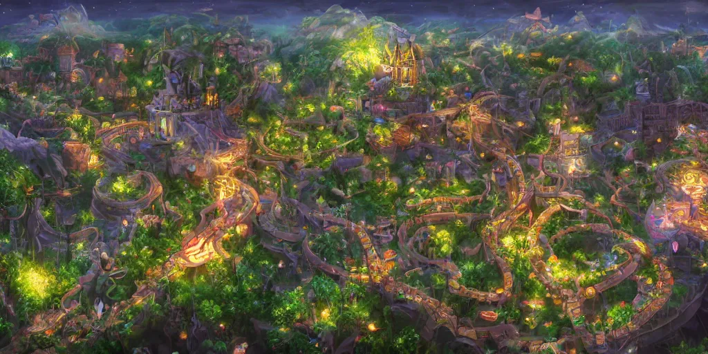 Prompt: beautiful and immersive magical town, magical buildings, bioluminescent forest surrounding, gentle rivers flowing through town, visual novel key visual, award - winning digital art on pixiv, trending on artstation - highly detailed, hyperrealistic, unreal engine 5, in the style of kingdom hearts