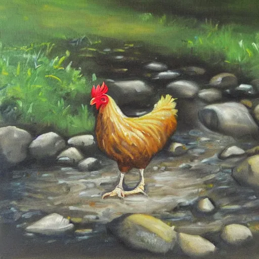 Image similar to a chicken next to a stream oil painting