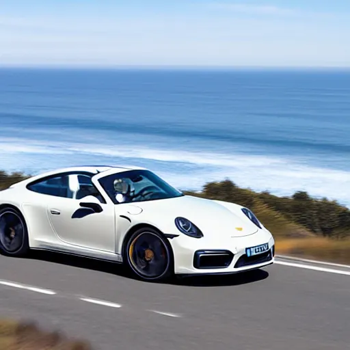 Image similar to an action photograph of a singer porsche driving along the pacific coast highway, ocean in the background, 8 k,