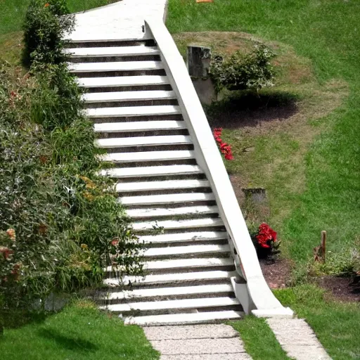 Prompt: a comedic staircase that leads up to an apple house in heaven