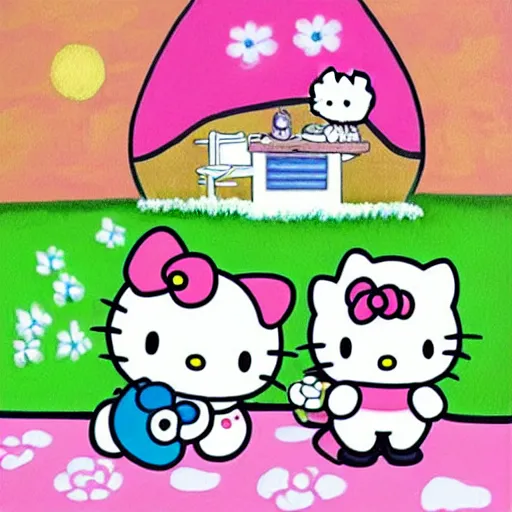 Prompt: painting of hello kitty and cinnamoroll and kuromi and my melo playing outside on a sunny day, by yoko shimizu, by sanrio