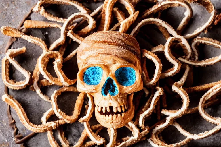 Prompt: aztec skull made of churros, food photography, food stylist, 35mm, centered, uncropped