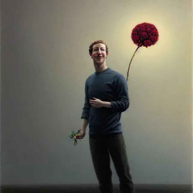 Prompt: mark zuckerberg holding a flower by Zdzisław Beksiński, trending on artstation, realistic, detailed, concept art, horror, illustration, oil painting