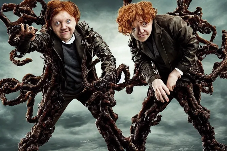 Image similar to Rupert Grint as Doc Ock, Multiple long menacing metal clawed arms from his back, intimidating stance