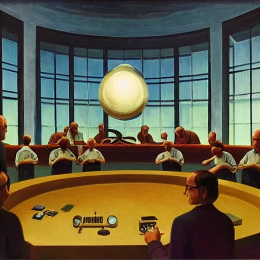 Image similar to scientists programming a doomsday device in a dome - shaped control center, grant wood, pj crook, edward hopper, oil on canvas