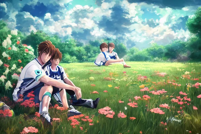Image similar to beautiful anime harry kane and son heung-min sitting in a field full of flowers, highly detailed, realistic, dynamic lighting, cinematic, masterpiece, trending on artstation,