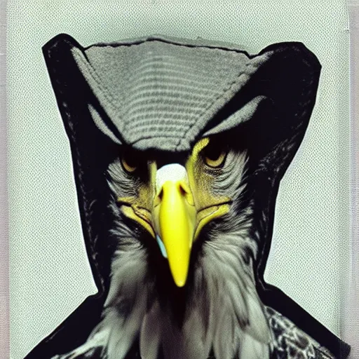 Prompt: close-up shot of a eagle wearing hoodie in 80s, funny, Polaroid photo, by Warhol