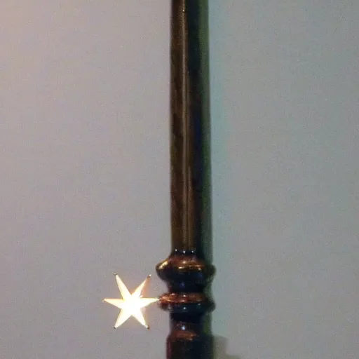 Prompt: a simple wand with a glowing star at the end, glass case exhibit at the museum of the history of magic in birmingham.