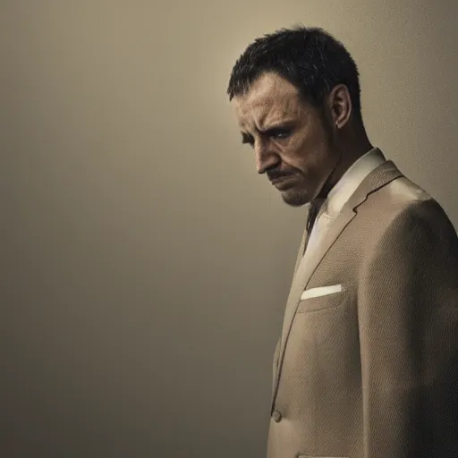 Image similar to Photo of a stern man in a beige peak lapel suit with a sad and melancholic look, grieving, chiaroscuro, facing the camera, closeup shot, cinematic promo material