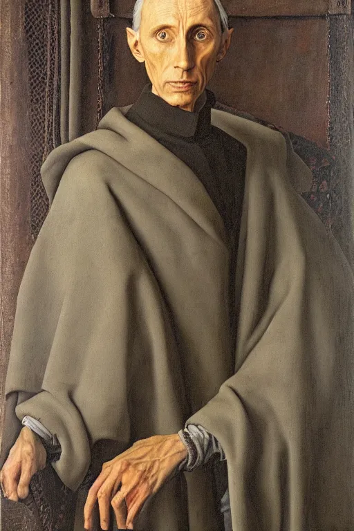 Prompt: portrait of jedi master wilhuff tarkin, oil painting by jan van eyck, northern renaissance art, oil on canvas, wet - on - wet technique, realistic, expressive emotions, intricate textures, illusionistic detail