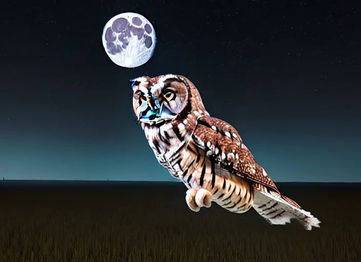 Image similar to an extremely detailed masterpiece photorealistic of a western screech - owl in flight moon in background, in the style of, brian bolland, digital art, unreal engine, volumetric lighting, dark moody lighting, trending on artstation, photorealistic, epic scene