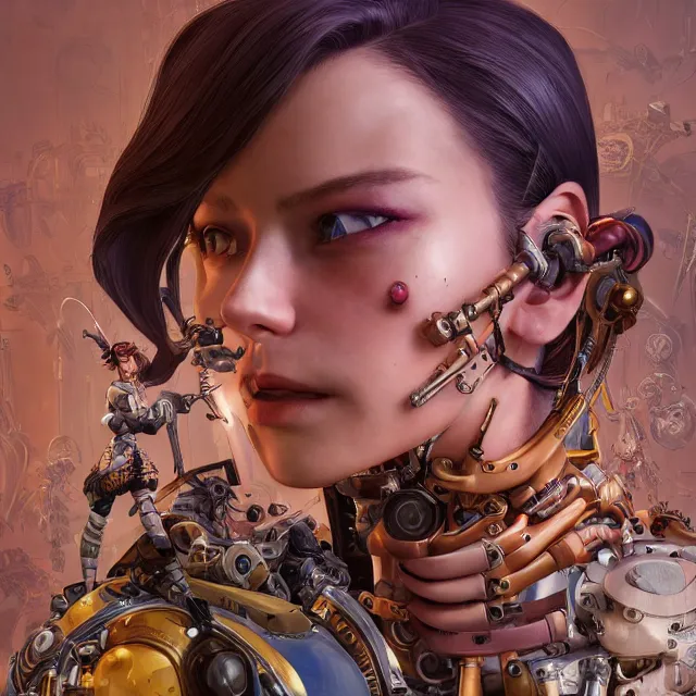 Image similar to the portrait of true neutral semi - colorful female cyborg mechanist as absurdly beautiful, gorgeous, elegant, young woman looking up, an ultrafine hyperdetailed illustration by kim jung gi, irakli nadar, intricate linework, bright colors, octopath traveler, final fantasy, unreal engine 5 highly rendered, global illumination, radiant light, detailed and intricate environment