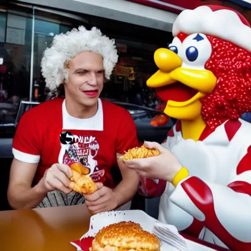 Image similar to Paparazzi Photograph of Ronald Mcdonald eating Kentucky Fried Chicken at Burger King